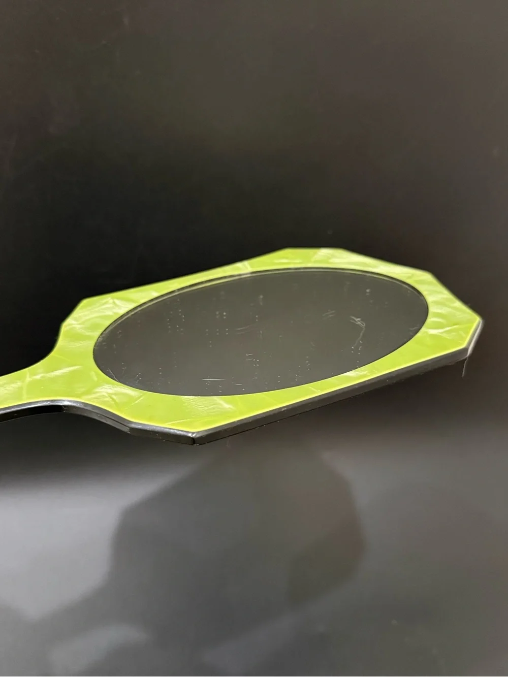 Vintage Art Deco Pearlized Lime Green Celluloid or Lucite Hand Held Mirror